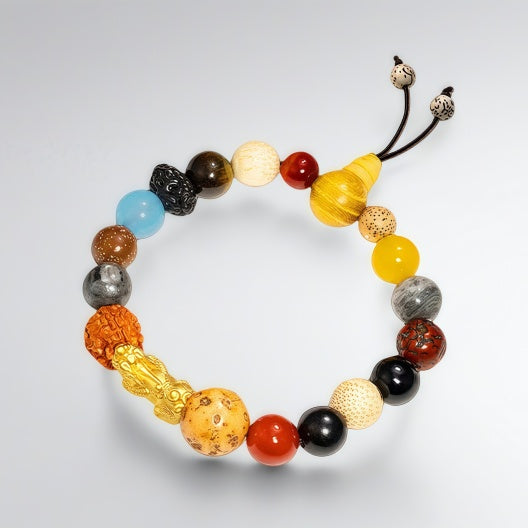Pure gold Bodhi seed bracelet with auspicious beads and good fortune - Pixiu gold bracelet