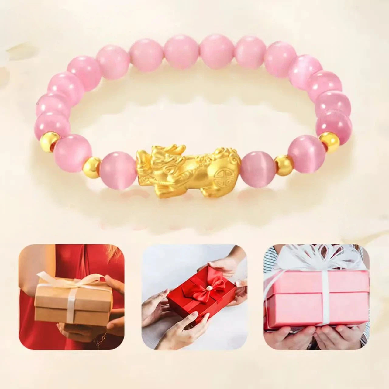 Pure gold cat's eye stone wealth-attracting bracelet - gold Pixiu lucky charm bracelet