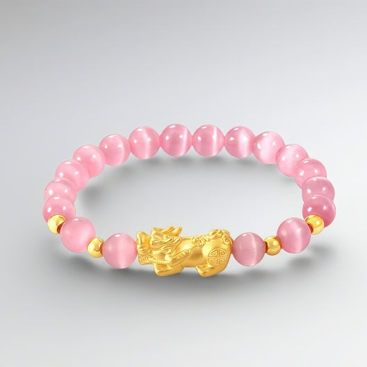 Pure gold cat's eye stone wealth-attracting bracelet - gold Pixiu lucky charm bracelet