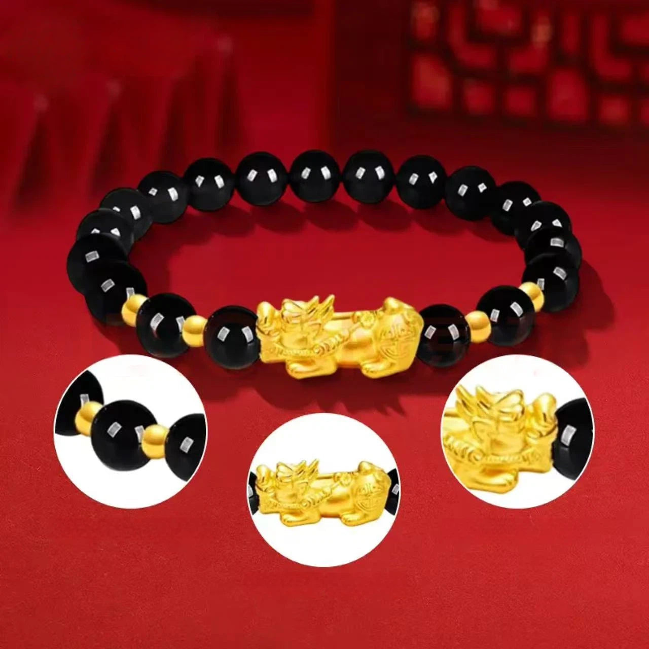 Gold Pixiu Bracelet for Men and Women - Pure Gold Obsidian Bracelet