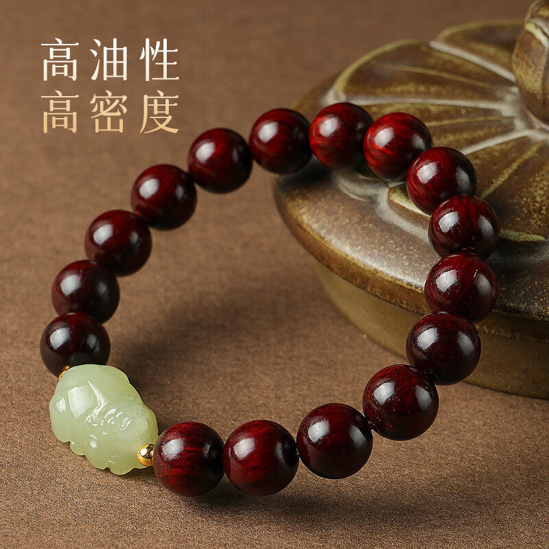 Collector‘s Grade Red Sandalwood & Hetian Jade Pixiu Bracelet – A Quiet Retreat for the Modern Mind