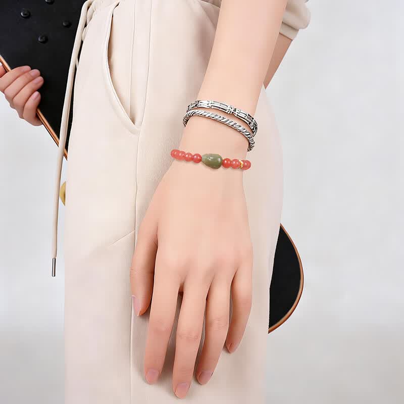 Cherry Red South Red Agate & Hetian Jade Pixiu Bracelet – A Perfect Balance of Fire and Grace