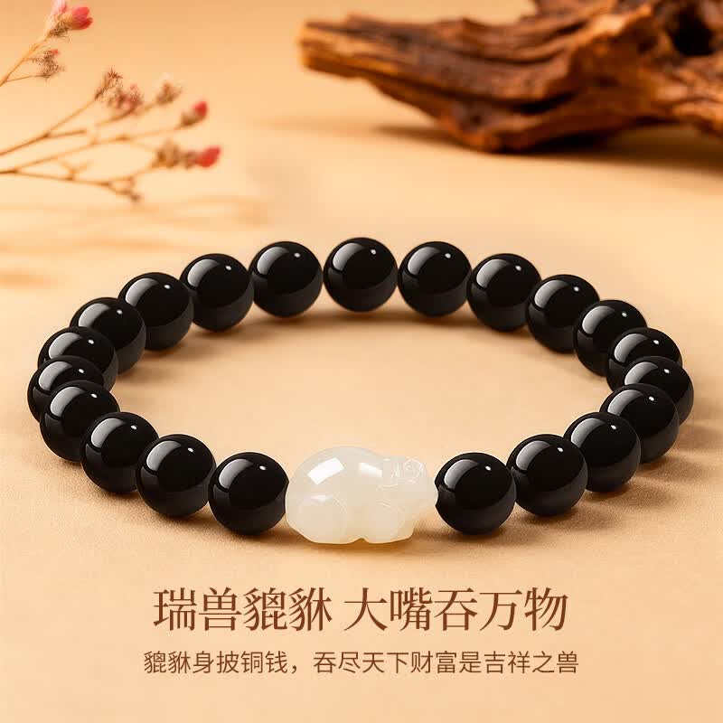 Hetian Jade Pixiu & Obsidian Bracelet – A Guardian of Wealth, A Stone of Power