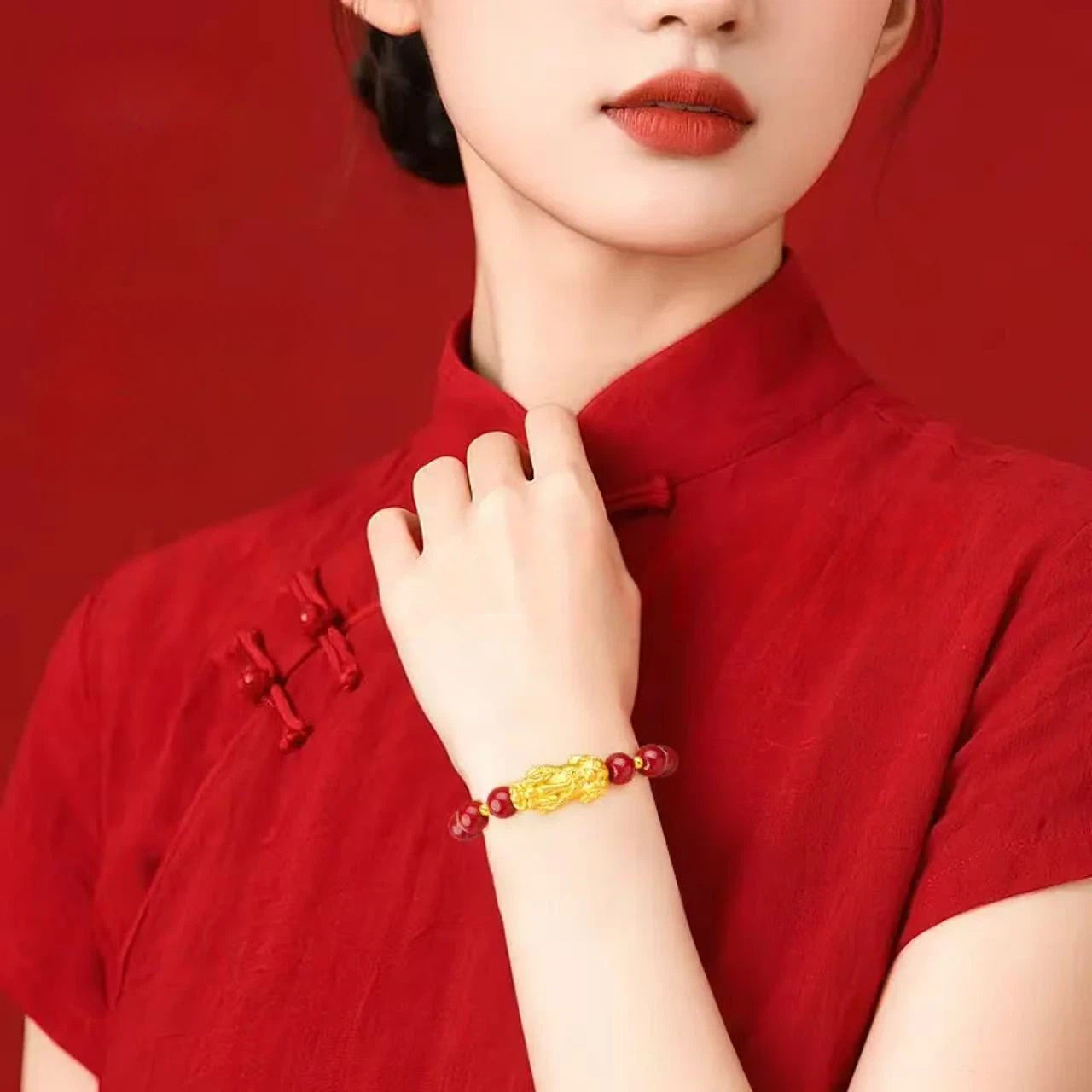 Women's Gold Pixiu Bracelet - Year of the Horse Zodiac Sign Bracelet with Cinnabar