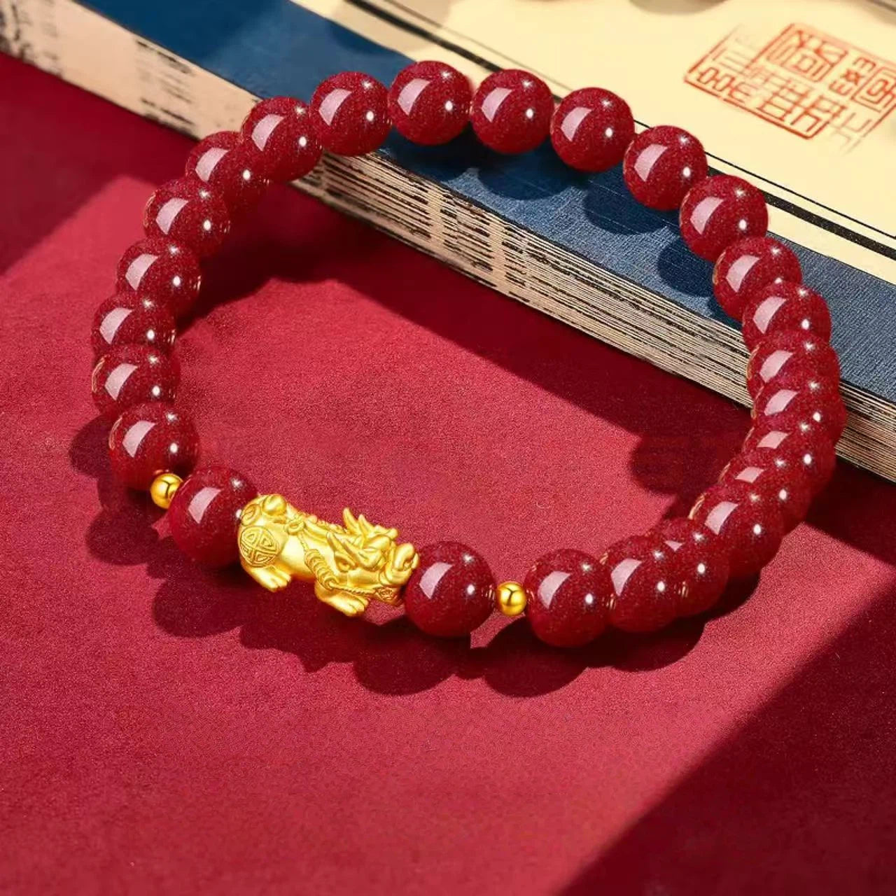 Women's Gold Pixiu Bracelet - Year of the Horse Zodiac Sign Bracelet with Cinnabar