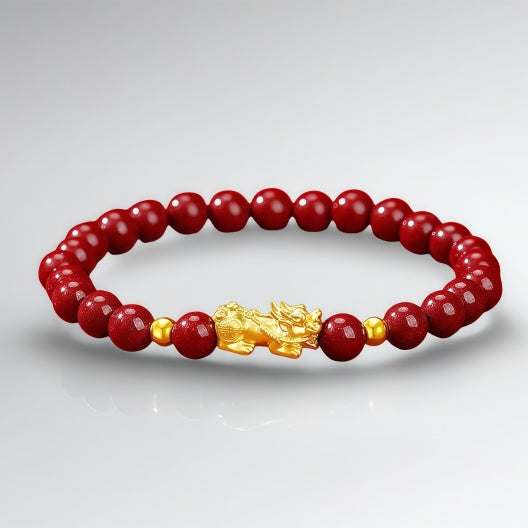 Women's Gold Pixiu Bracelet - Year of the Horse Zodiac Sign Bracelet with Cinnabar
