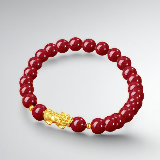 Women's Gold Pixiu Bracelet - Year of the Horse Zodiac Sign Bracelet with Cinnabar
