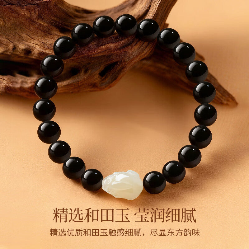 Hetian Jade Pixiu & Obsidian Bracelet – A Guardian of Wealth, A Stone of Power