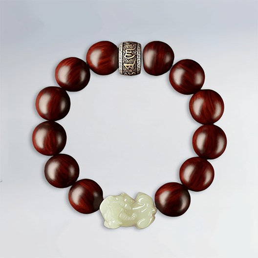 Aged Indian Red Sandalwood & Hetian Jade Pixiu Bracelet – Dense, Oily, and Woven with Meaning