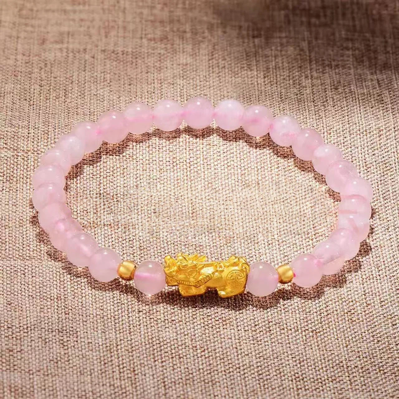 Pure gold Pixiu (mythical creature) bracelet for women-3D Hard Gold Lucky Bead Pink Crystal Bracelet