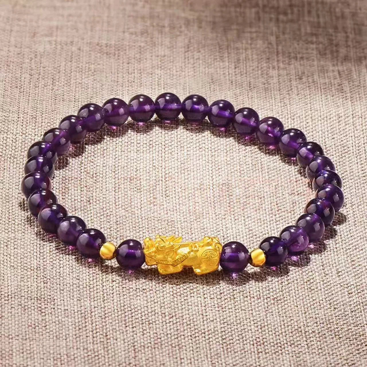 Pure gold Pixiu (mythical creature) bracelet for women-3D Hard Gold Lucky Bead Pink Crystal Bracelet
