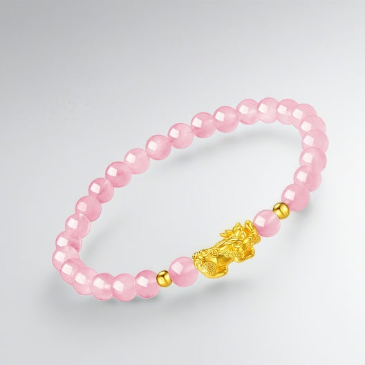 Pure gold Pixiu (mythical creature) bracelet for women-3D Hard Gold Lucky Bead Pink Crystal Bracelet