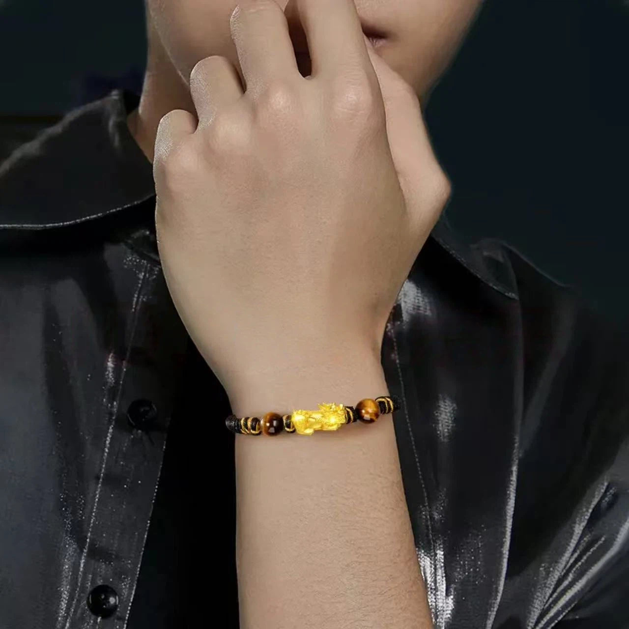 Men's Gold Pixiu Bracelet - Pure Gold Lucky Beads with Yellow Tiger Eye