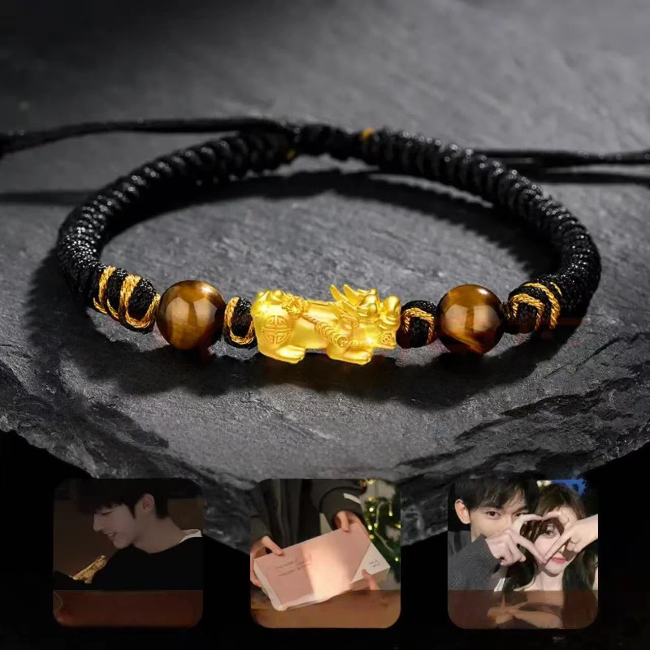 Men's Gold Pixiu Bracelet - Pure Gold Lucky Beads with Yellow Tiger Eye