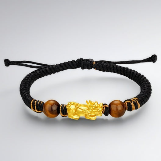 Men's Gold Pixiu Bracelet - Pure Gold Lucky Beads with Yellow Tiger Eye