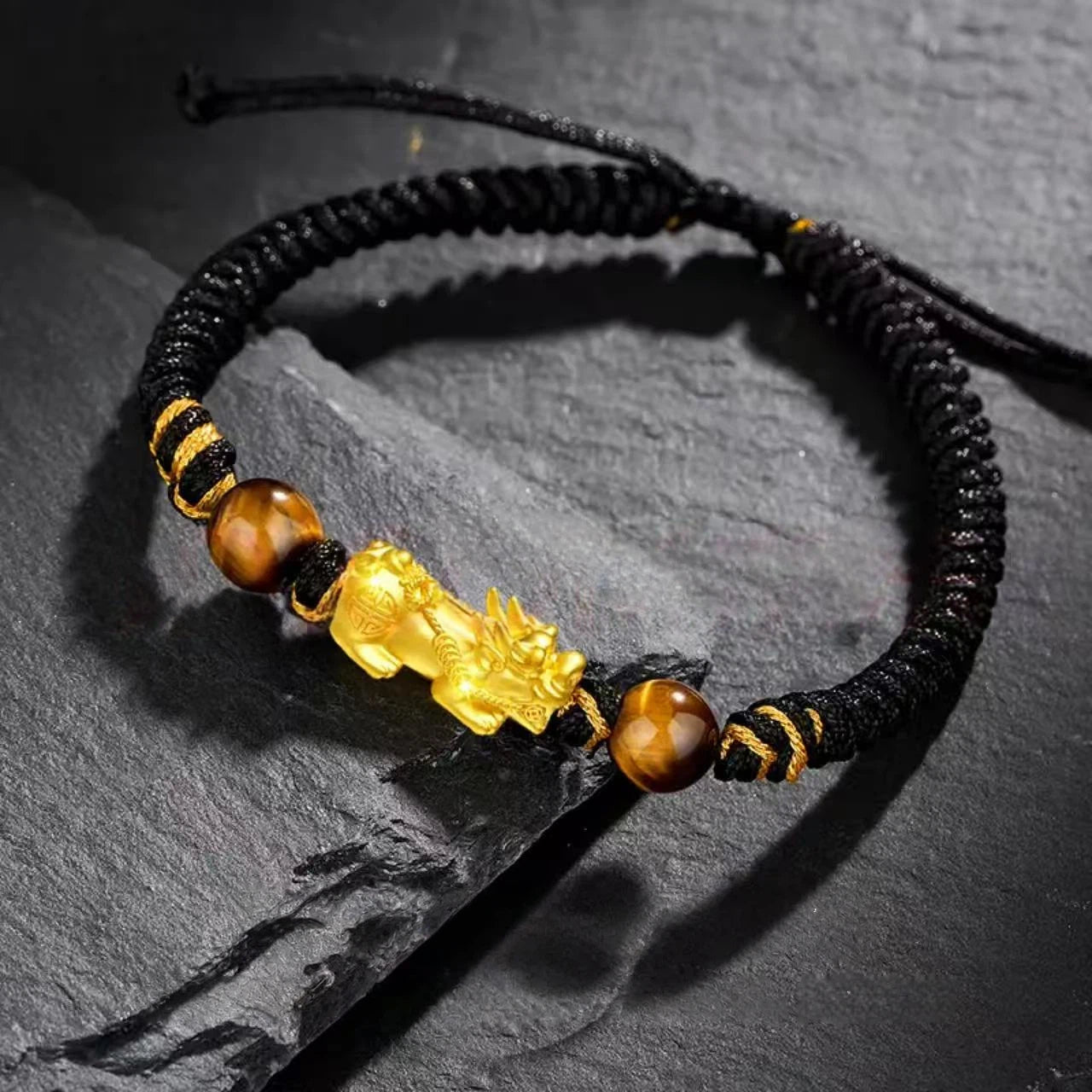 Men's Gold Pixiu Bracelet - Pure Gold Lucky Beads with Yellow Tiger Eye