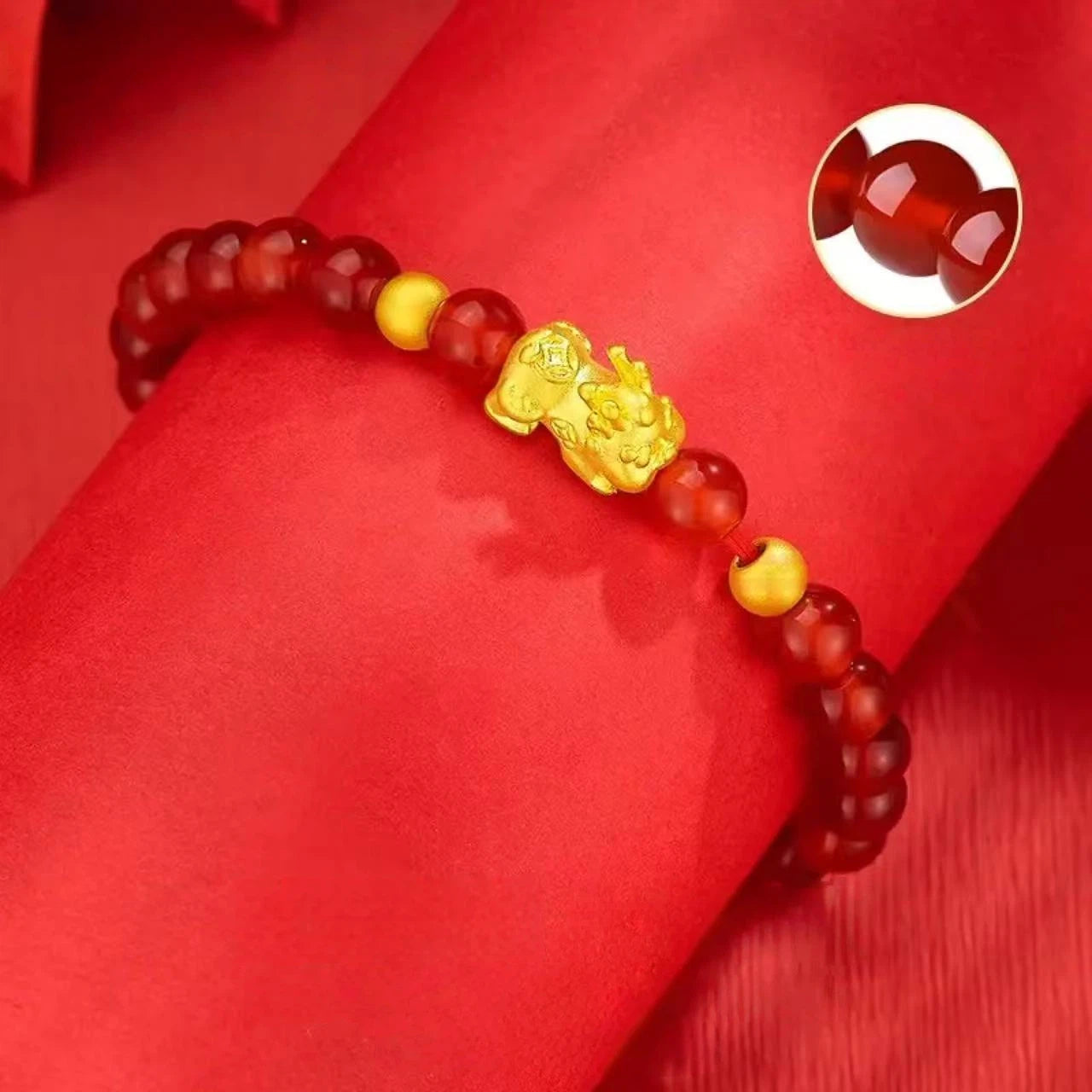 Pure gold and red agate Pixiu baby bracelet for women - lucky charm Pixiu baby bracelet