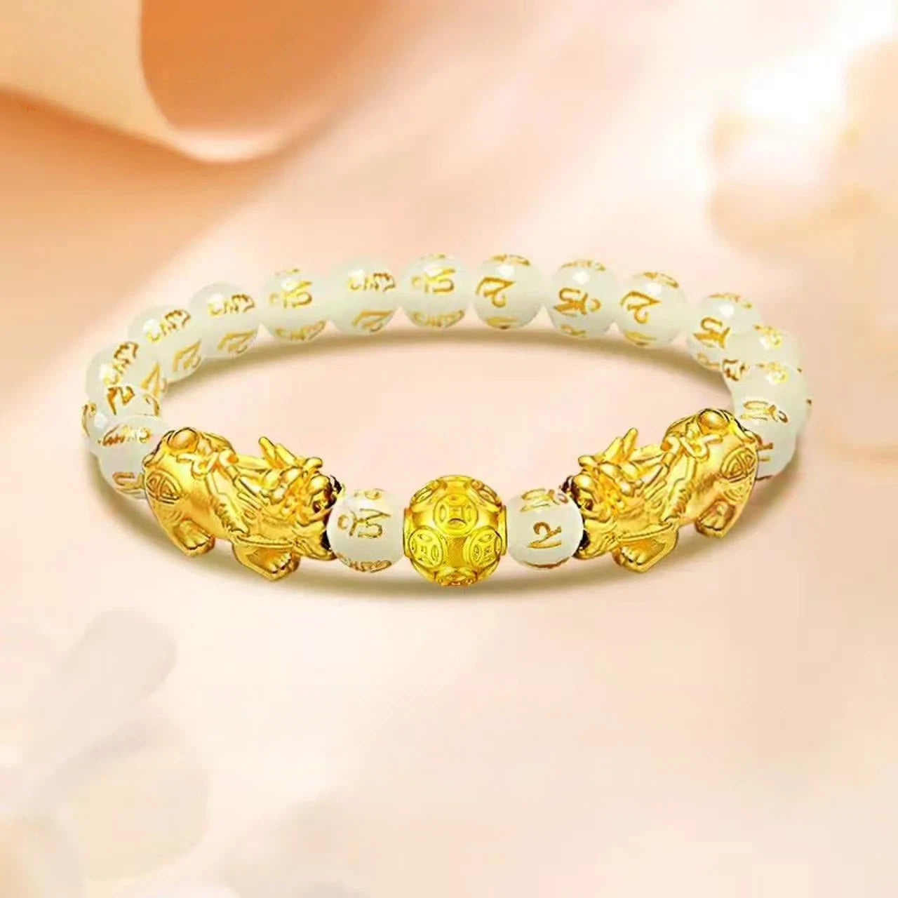 Pure gold Pixiu six-character mantra bracelet for women - gold bead bracelet
