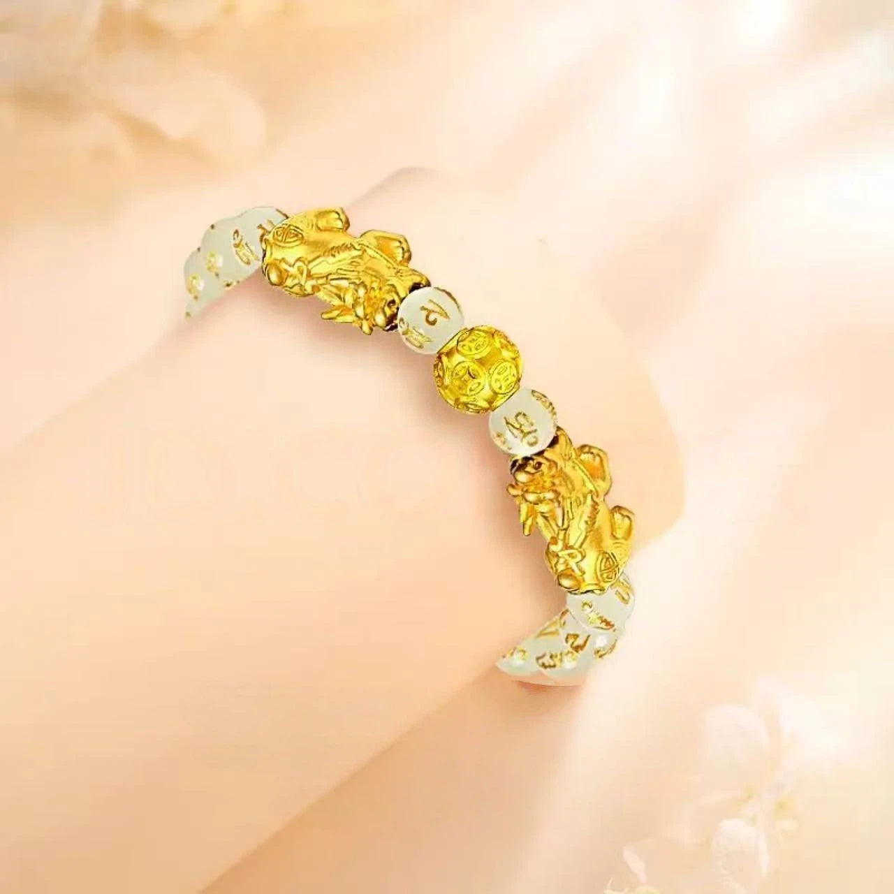 Pure gold Pixiu six-character mantra bracelet for women - gold bead bracelet