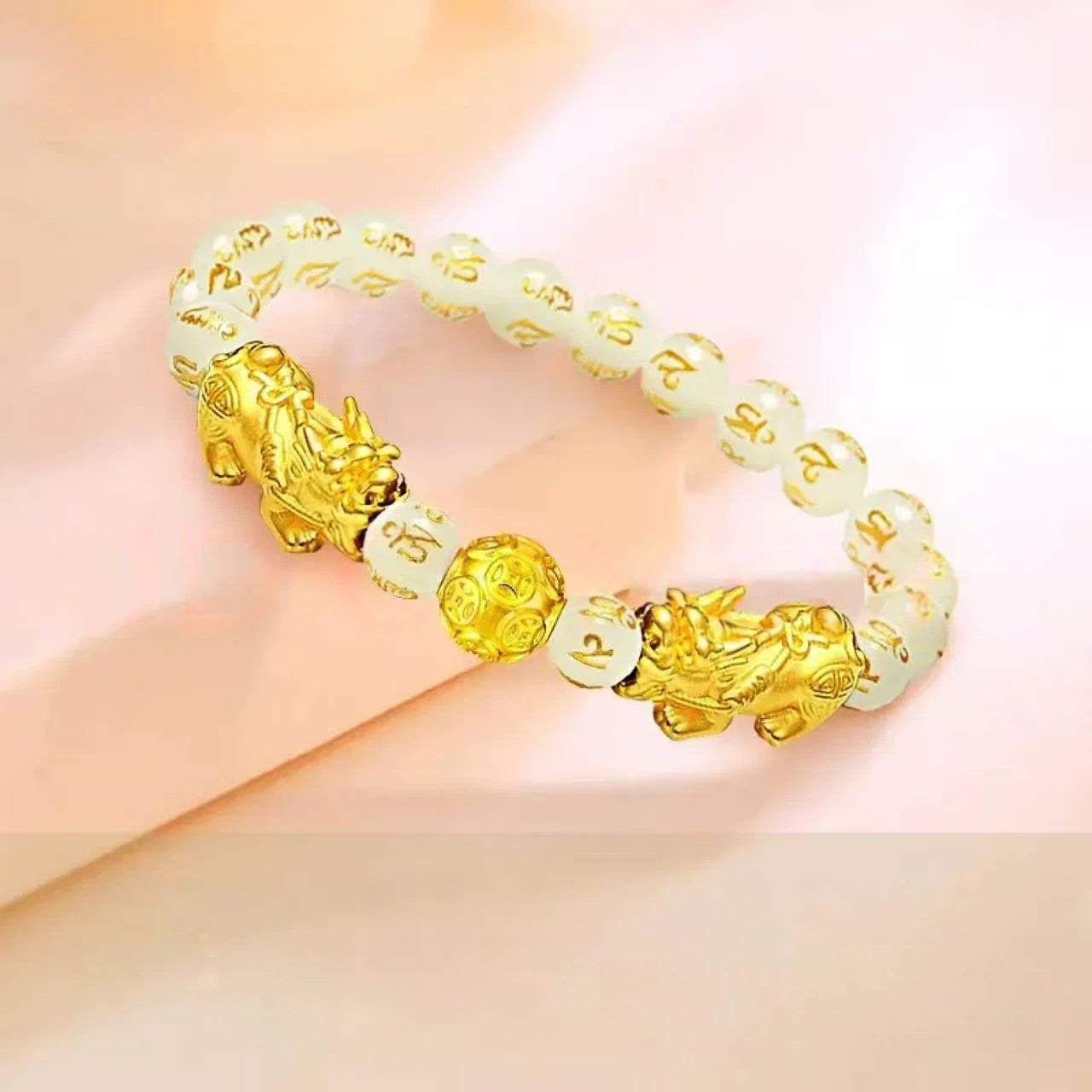Pure gold Pixiu six-character mantra bracelet for women - gold bead bracelet