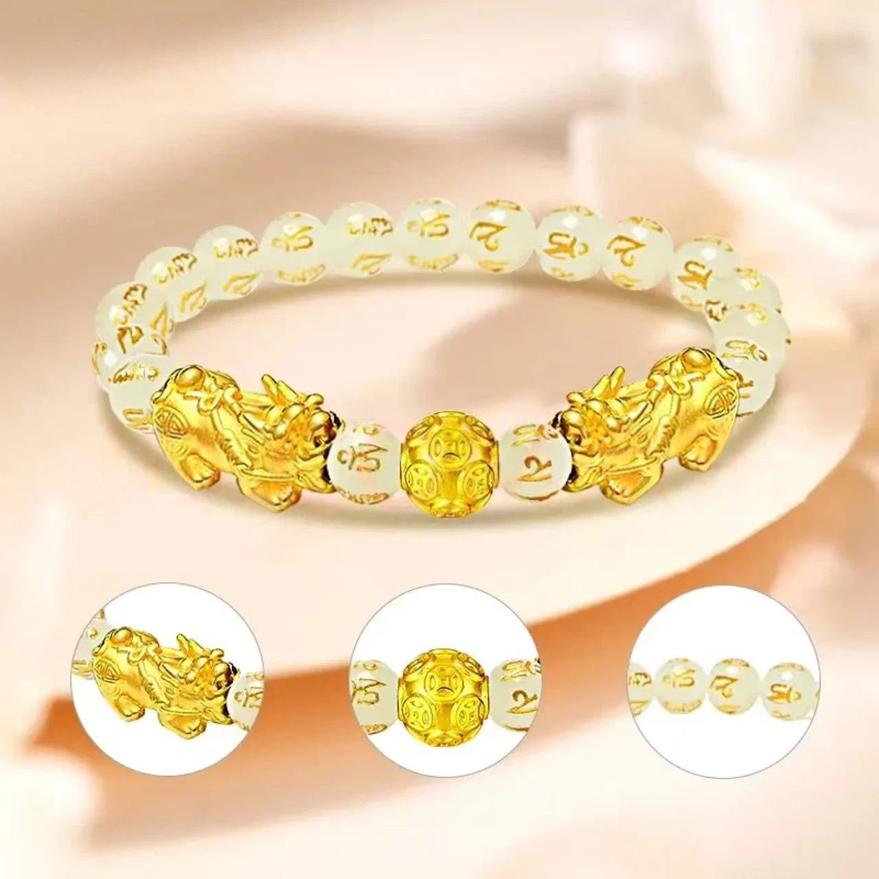 Pure gold Pixiu six-character mantra bracelet for women - gold bead bracelet