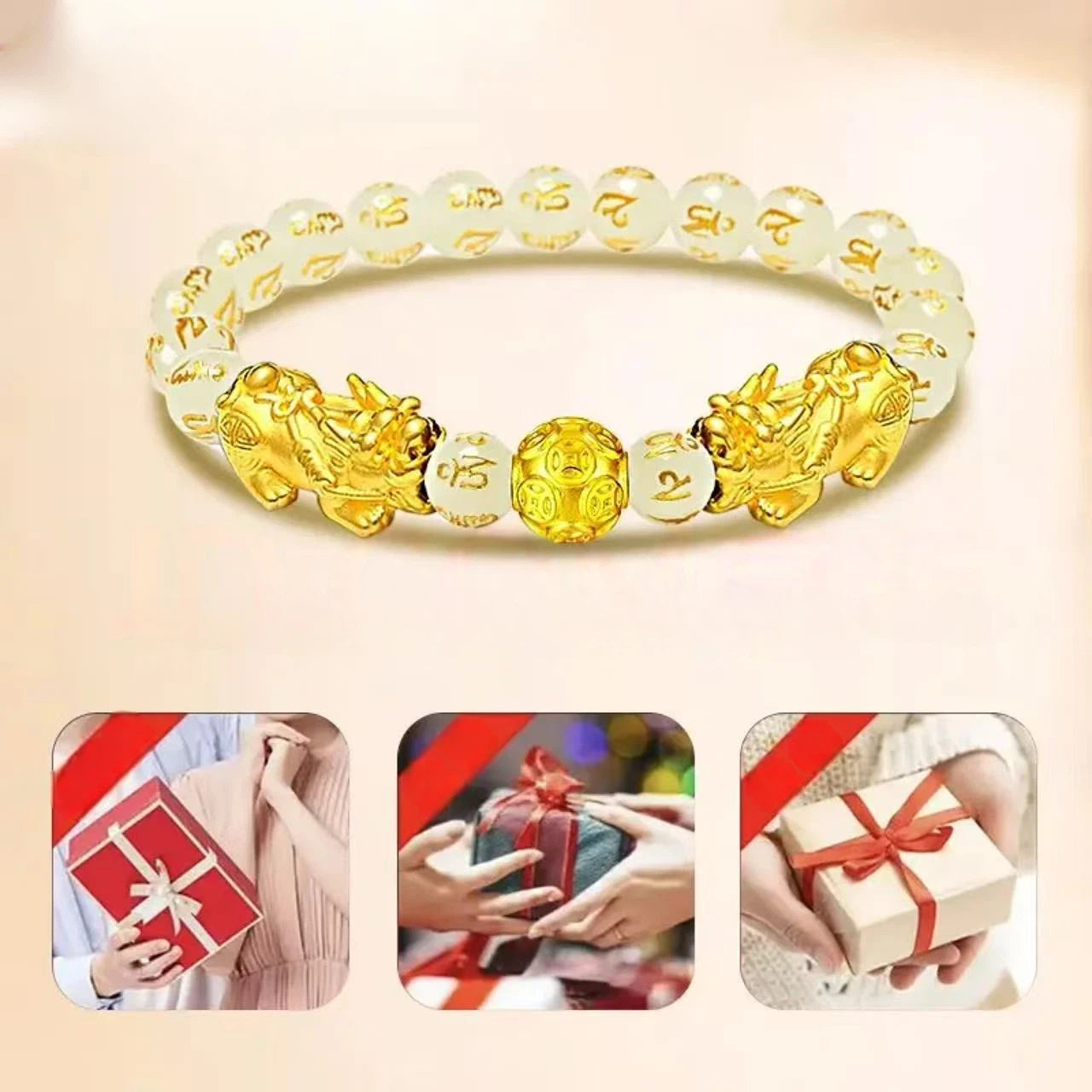 Pure gold Pixiu six-character mantra bracelet for women - gold bead bracelet