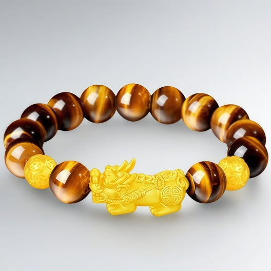 Men's gold Pixiu bracelet - pure gold tiger's eye stone bracelet