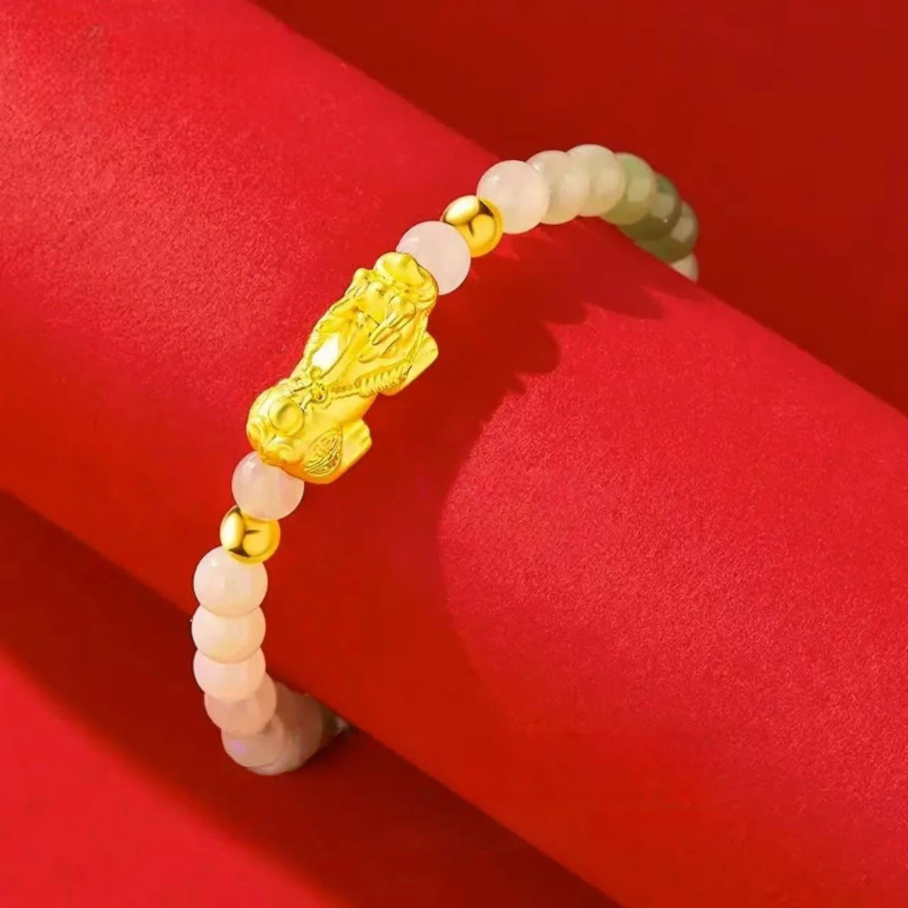 Women's Gold Pixiu Bracelet - Pure Gold and Hetian Jade Lucky Bead Bracelet
