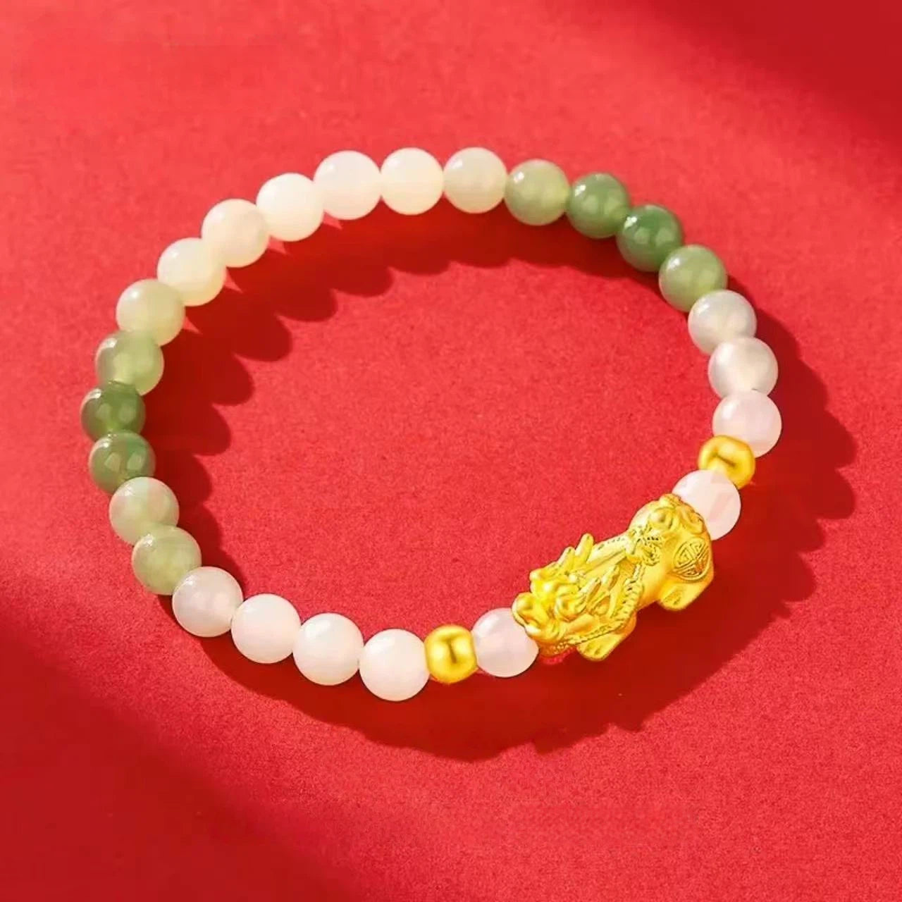 Women's Gold Pixiu Bracelet - Pure Gold and Hetian Jade Lucky Bead Bracelet