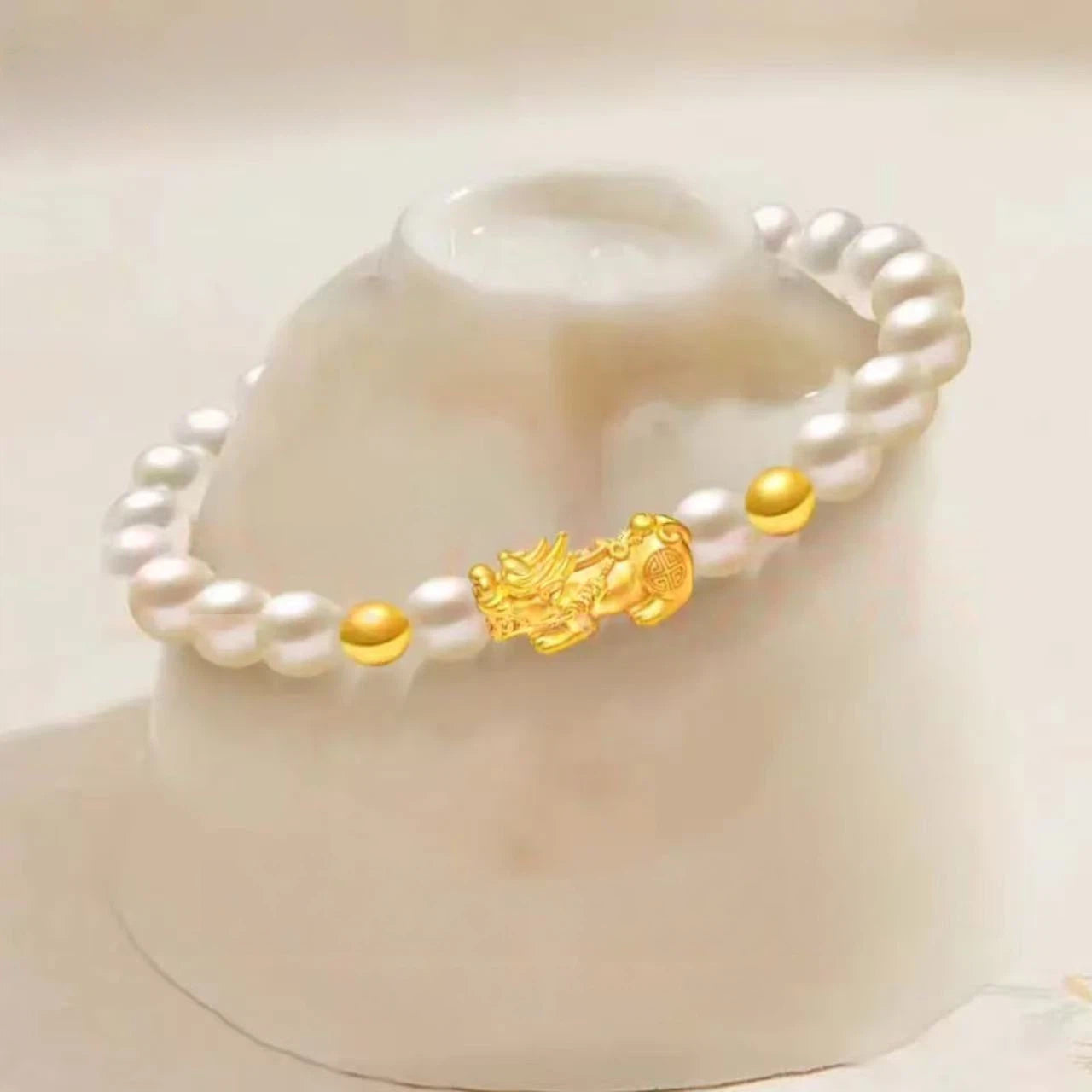 Pure gold Pixiu bracelet for women - gold and pearl wealth-attracting and luck-changing bead bracelet