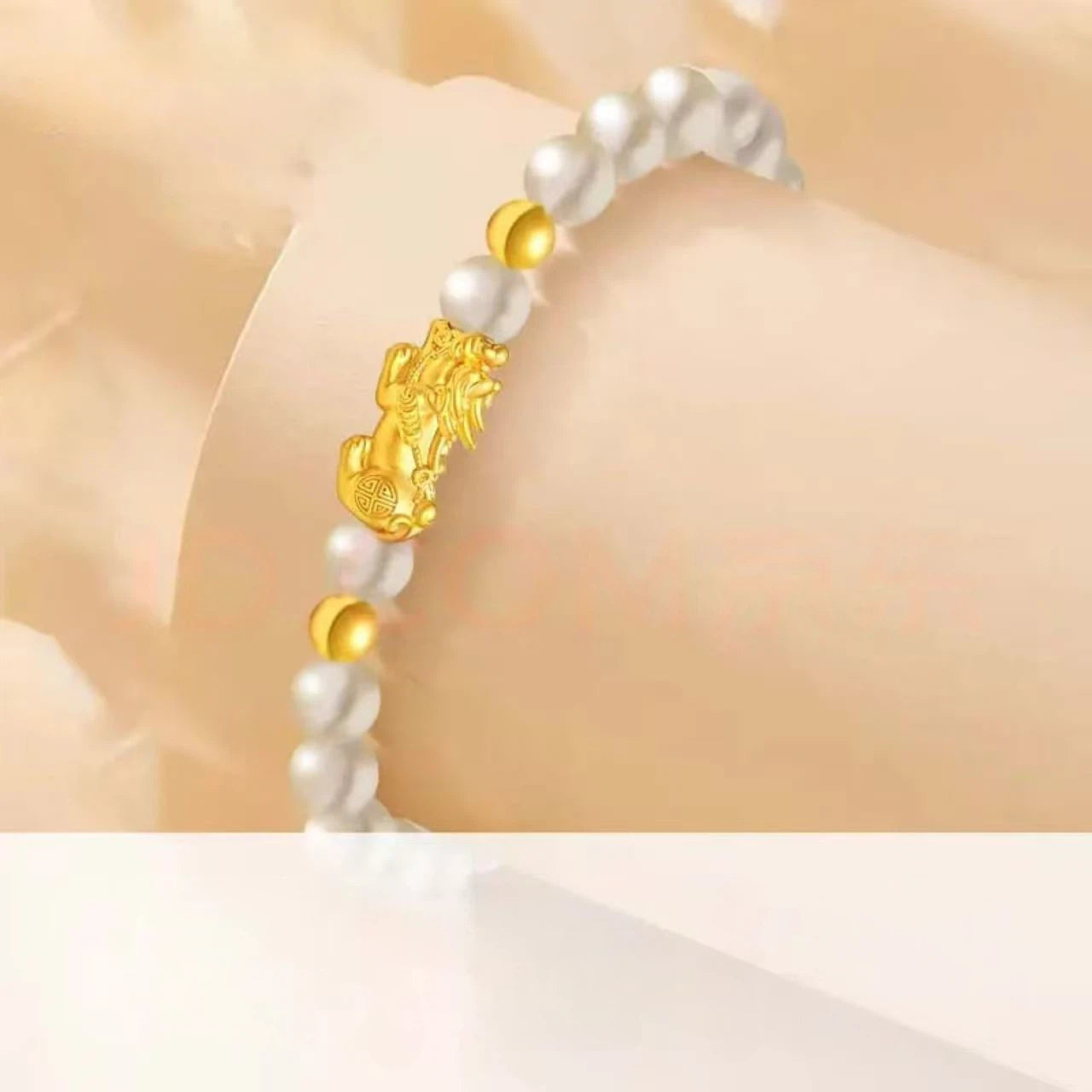 Pure gold Pixiu bracelet for women - gold and pearl wealth-attracting and luck-changing bead bracelet