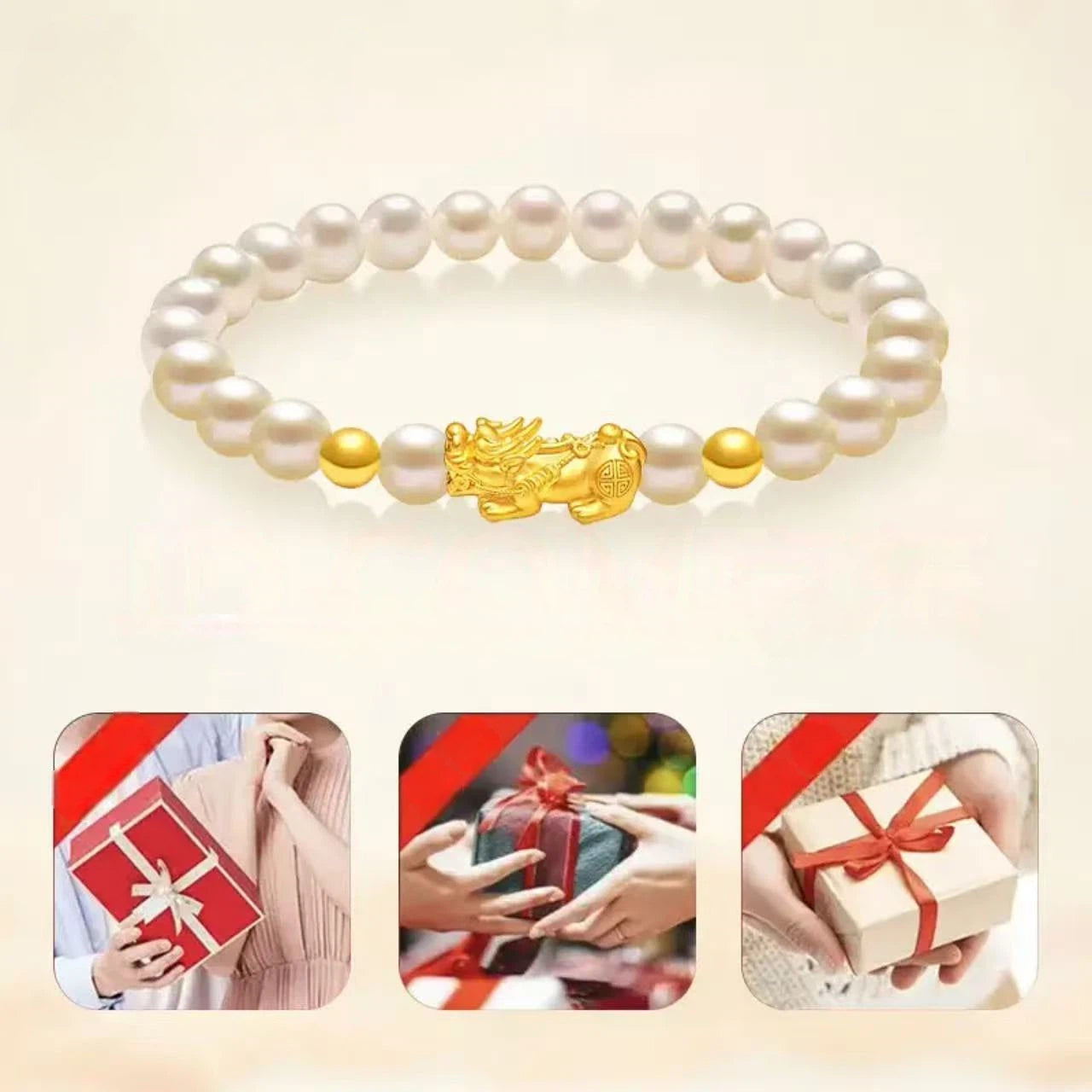 Pure gold Pixiu bracelet for women - gold and pearl wealth-attracting and luck-changing bead bracelet