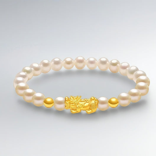 Pure gold Pixiu bracelet for women - gold and pearl wealth-attracting and luck-changing bead bracelet